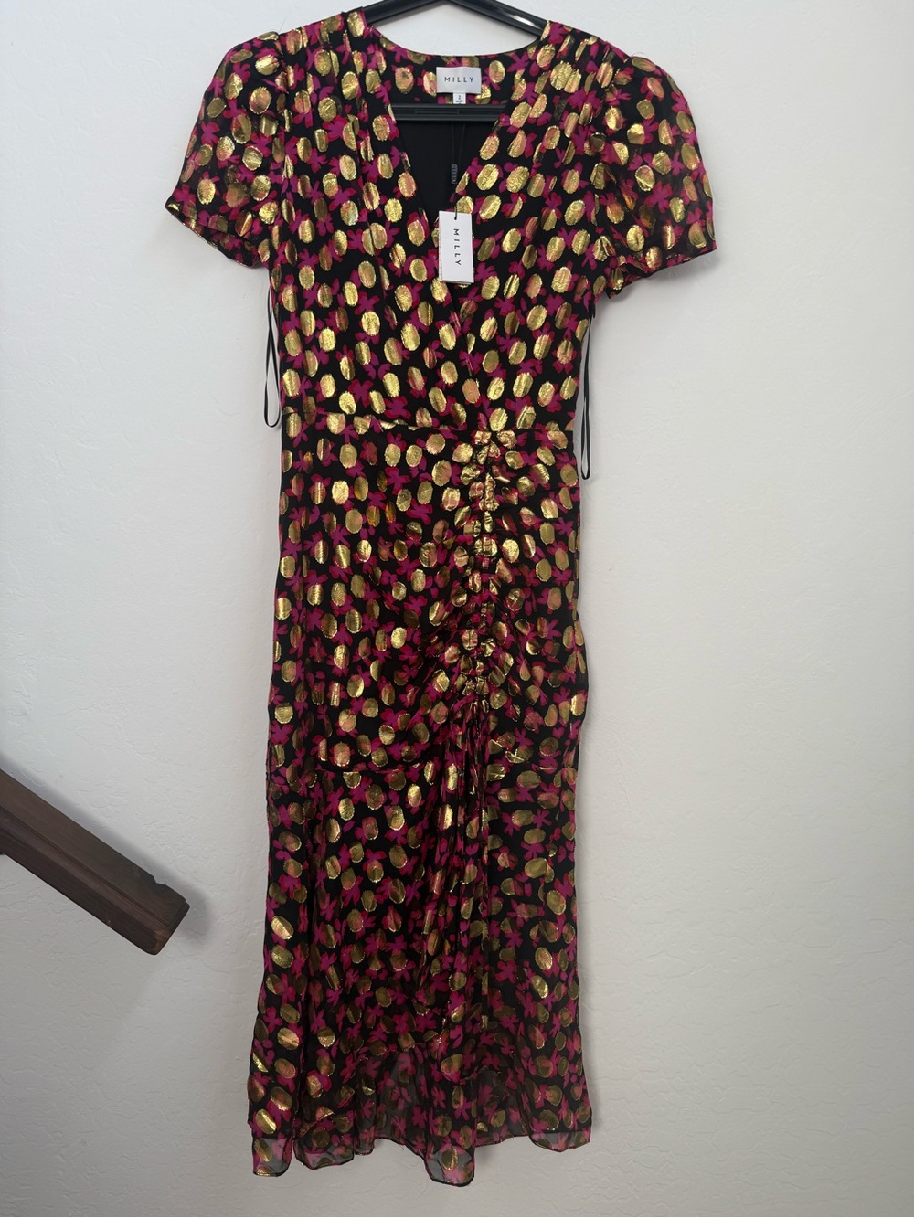 Milly Black Dress with Pink and Gold Metallic Dot Print, Ruched Midi